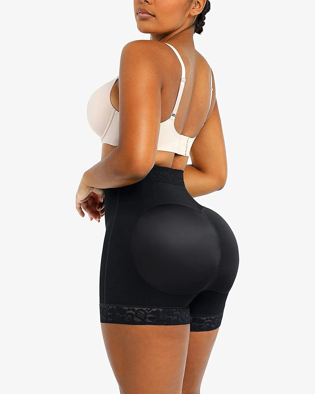 PLERIVA Lace Steel Boned Tummy Control Shorts in Black, back three-quarter view on model