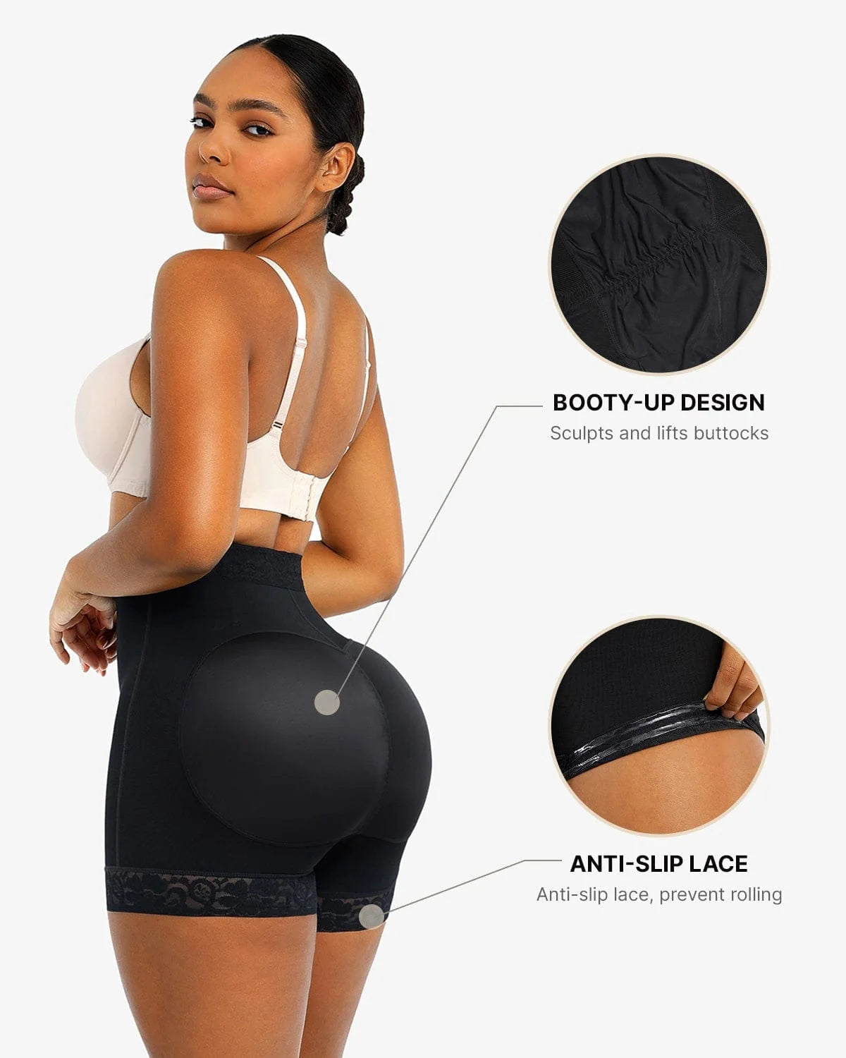 PLERIVA Lace Steel Boned Tummy Control Shorts in Black, back view with callouts for the lifting back and lace hem