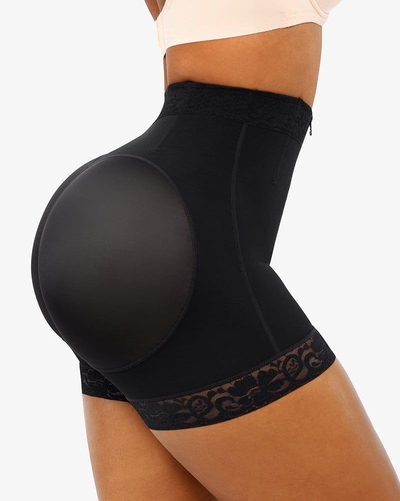 PLERIVA Lace Steel Boned Tummy Control Shorts in Black, close-up of the butt-lifting back