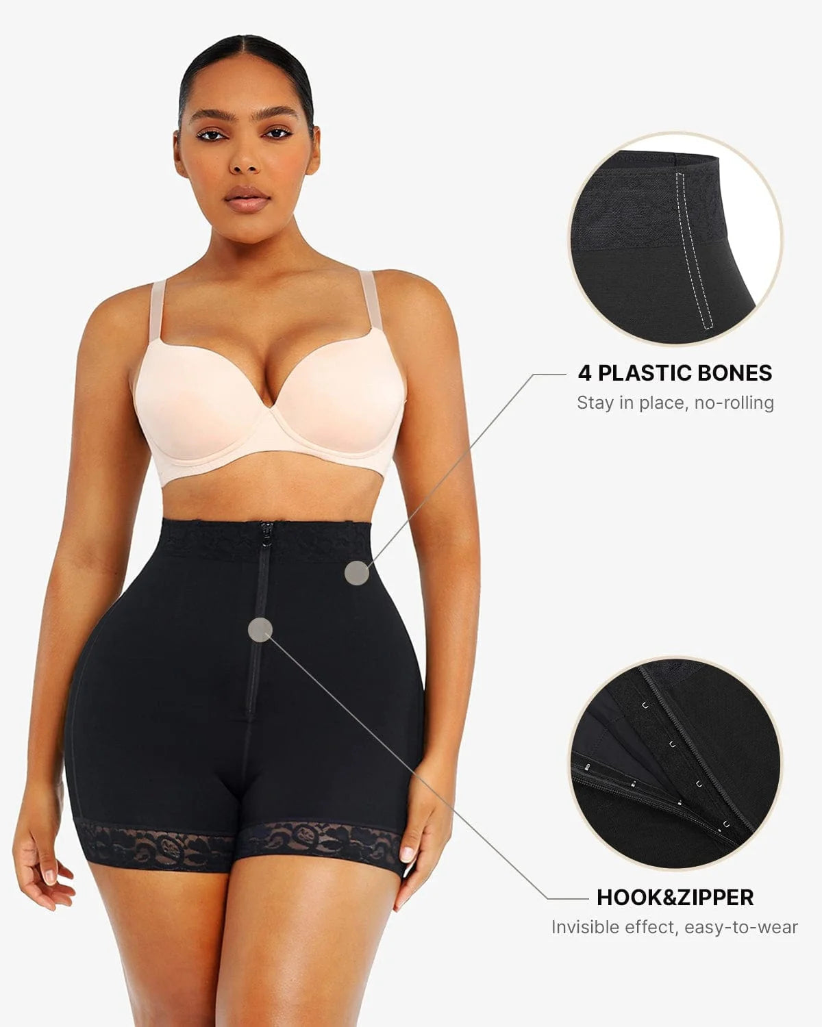 PLERIVA Lace Steel Boned Tummy Control Shorts in Black, front view with callouts for the boning and hook-and-zipper front