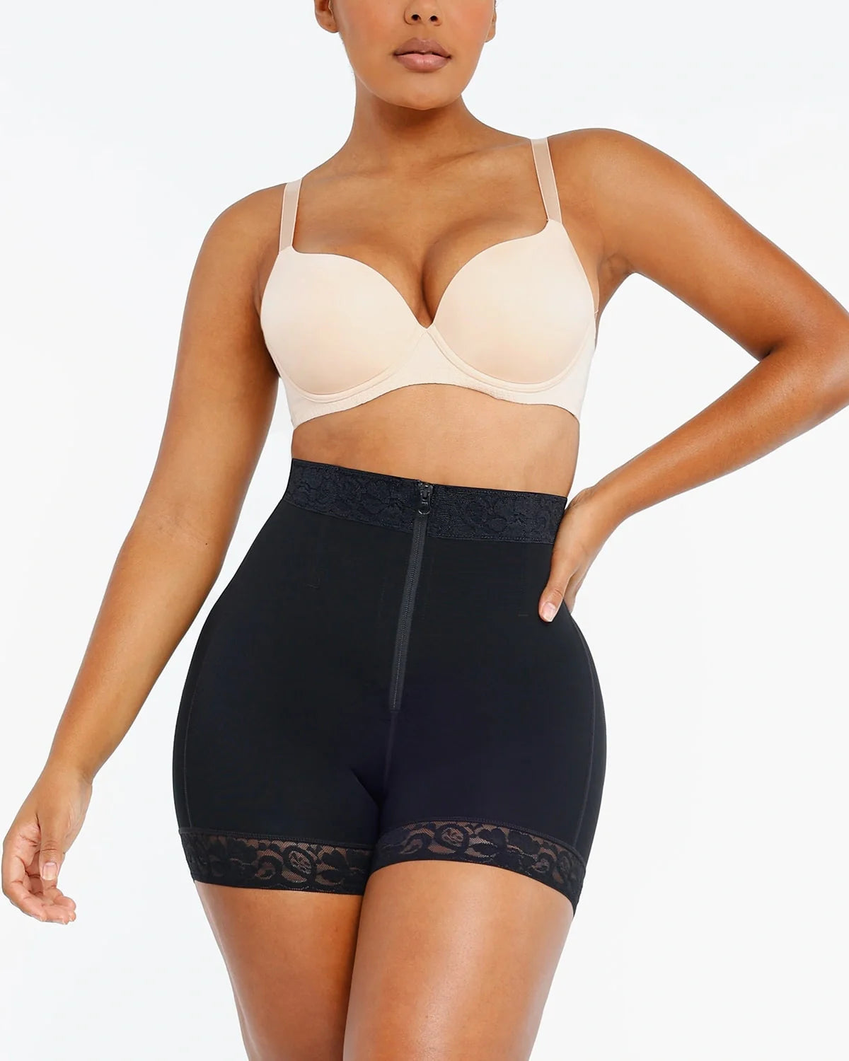 PLERIVA Lace Steel Boned Tummy Control Shorts in Black, front view on model