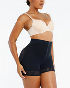 PLERIVA Lace Steel Boned Tummy Control Shorts in Black, three-quarter view on model