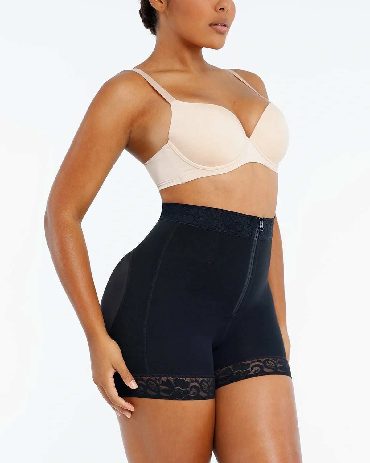 PLERIVA Lace Steel Boned Tummy Control Shorts in Black, three-quarter view on model
