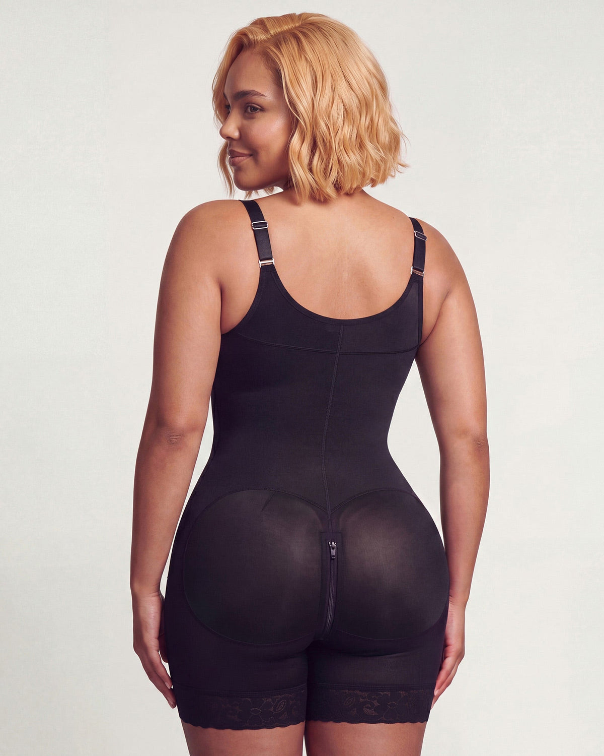 PLERIVA Low Cut Extra Firm Zip Crotch Body Shaper in Black, back view on model