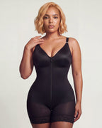 PLERIVA Low Cut Extra Firm Zip Crotch Body Shaper in Black, front view on a curvy model