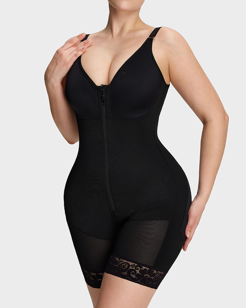PLERIVA Low Cut Extra Firm Zip Crotch Body Shaper in Black, front close-up showing the zipper