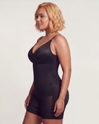 PLERIVA Low Cut Extra Firm Zip Crotch Body Shaper in Black, three-quarter view on model