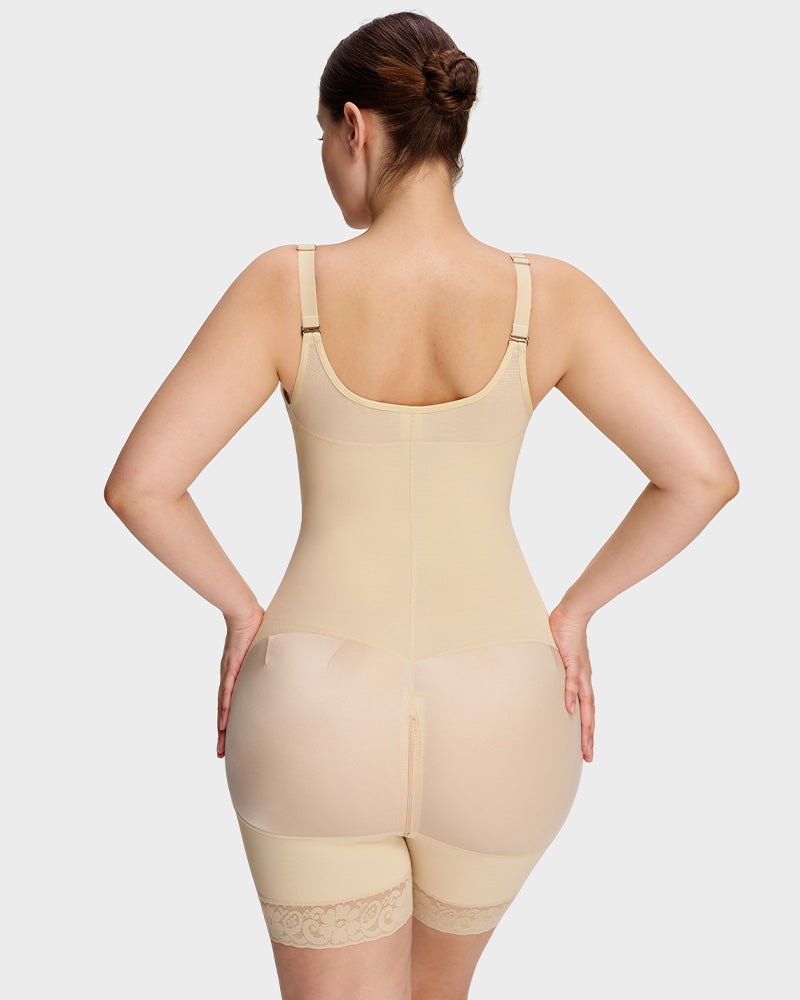 PLERIVA Low Cut Extra Firm Zip Crotch Body Shaper in Nude, back view on model