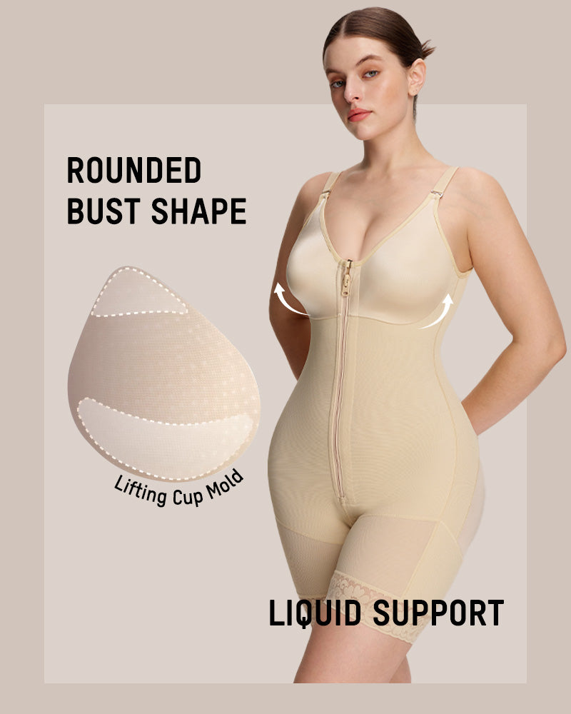 PLERIVA Low Cut Extra Firm Zip Crotch Body Shaper in Nude, overview of the bust support and lifting cups