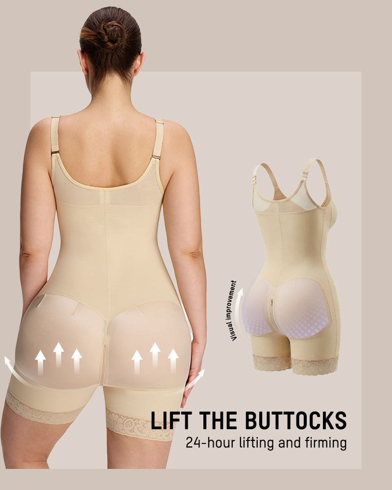 PLERIVA Low Cut Extra Firm Zip Crotch Body Shaper in Nude, back view overview of the butt-lifting design