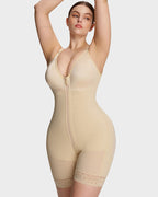 PLERIVA Low Cut Extra Firm Zip Crotch Body Shaper in Nude, front view on model with arms raised