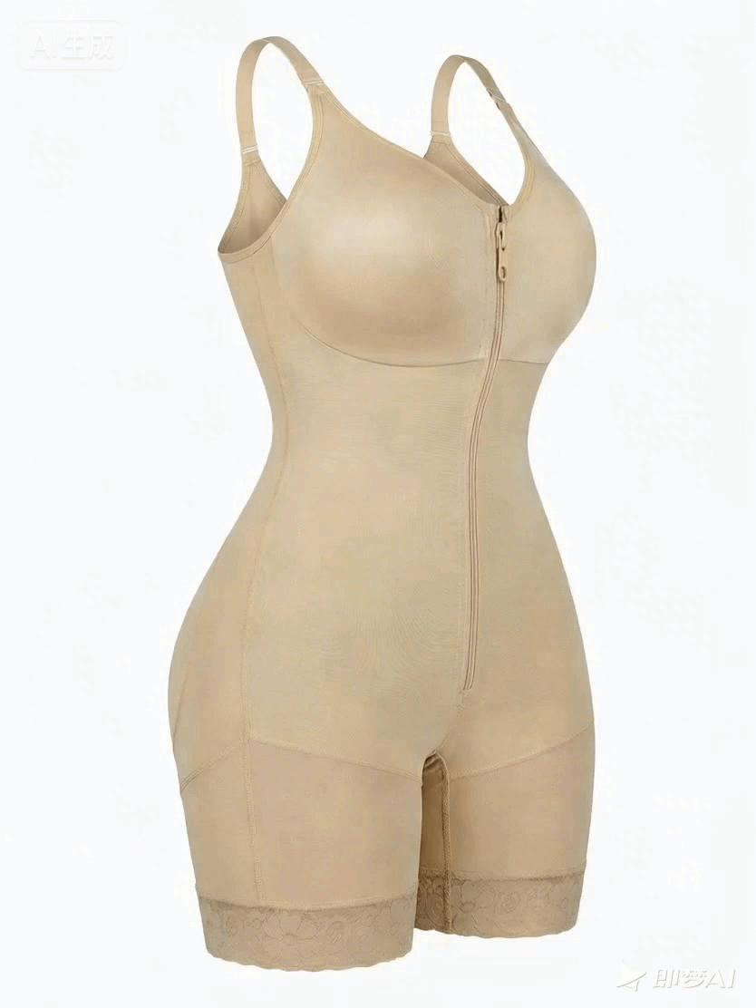PLERIVA Low Cut Extra Firm Zip Crotch Body Shaper in Nude, front zipper three-quarter view