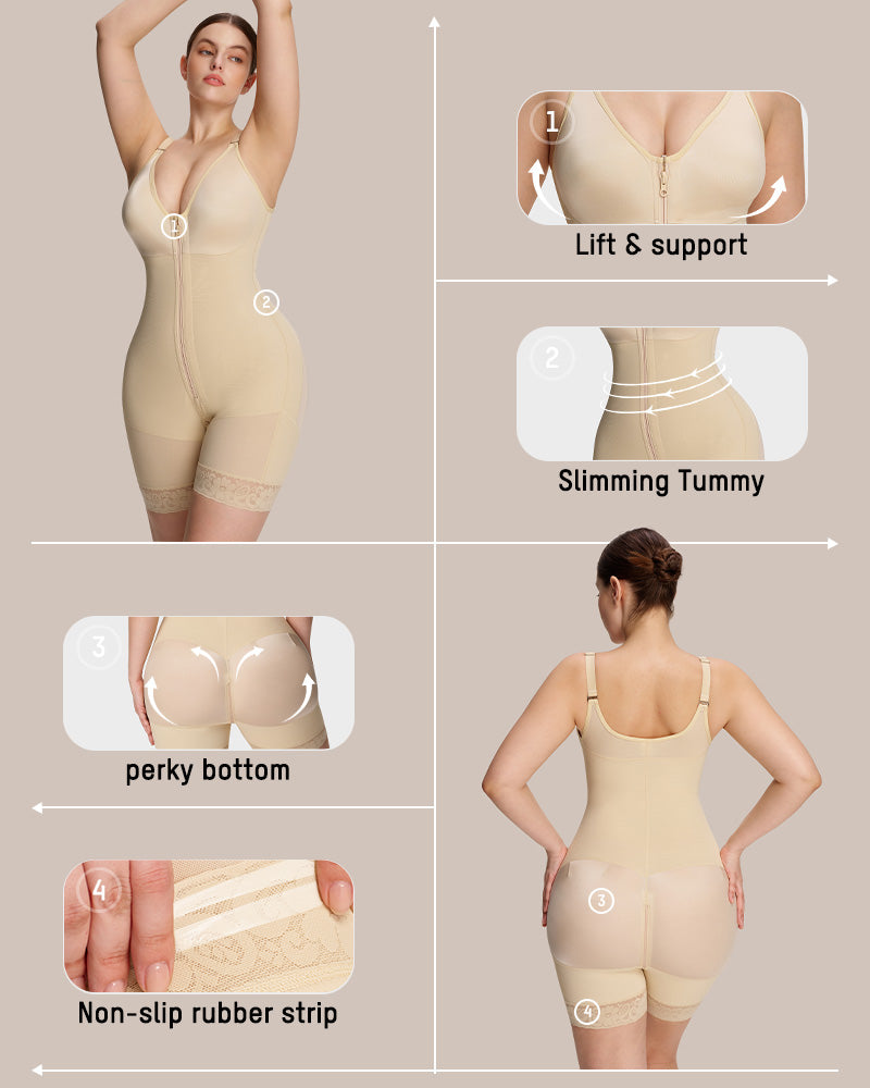 PLERIVA Low Cut Extra Firm Zip Crotch Body Shaper in Nude, guide to the shaping zones