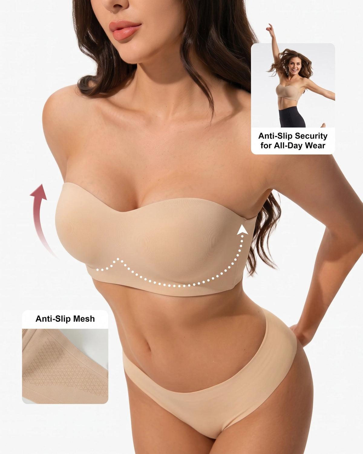 PLERIVA Molded Strapless Underwire Bandeau in Nude, lift shown on model with anti-slip mesh close-up