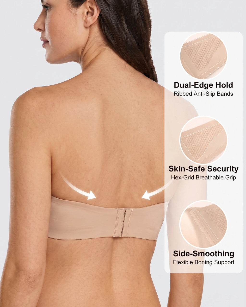 PLERIVA Molded Strapless Underwire Bandeau in Nude, back view with anti-slip band and side boning details