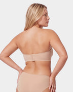 PLERIVA Molded Strapless Underwire Bandeau in Nude, back view showing the hook-and-eye closure