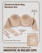 PLERIVA Molded Strapless Underwire Bandeau in Nude, molded cups with removable straps and band extender