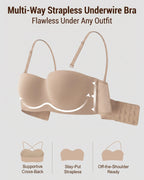 PLERIVA Molded Strapless Underwire Bandeau in Nude, overview of the multi-way strap options