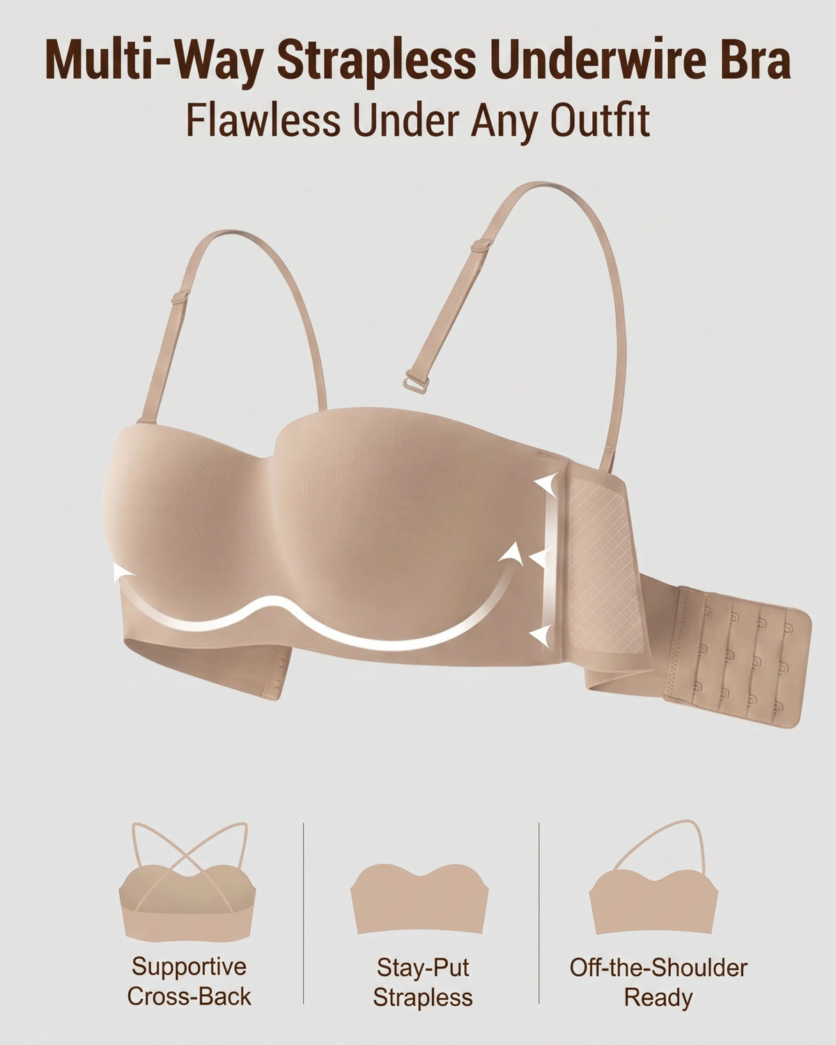 PLERIVA Molded Strapless Underwire Bandeau in Nude, overview of the multi-way strap options
