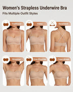 PLERIVA Molded Strapless Underwire Bandeau in Nude, six ways to wear: traditional, halter, racerback, strapless, one-shoulder and cross straps