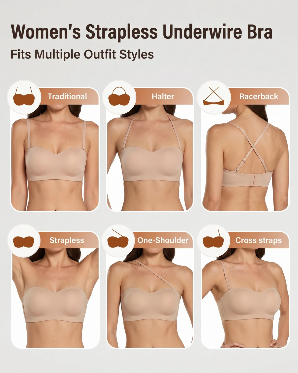 PLERIVA Molded Strapless Underwire Bandeau in Nude, six ways to wear: traditional, halter, racerback, strapless, one-shoulder and cross straps
