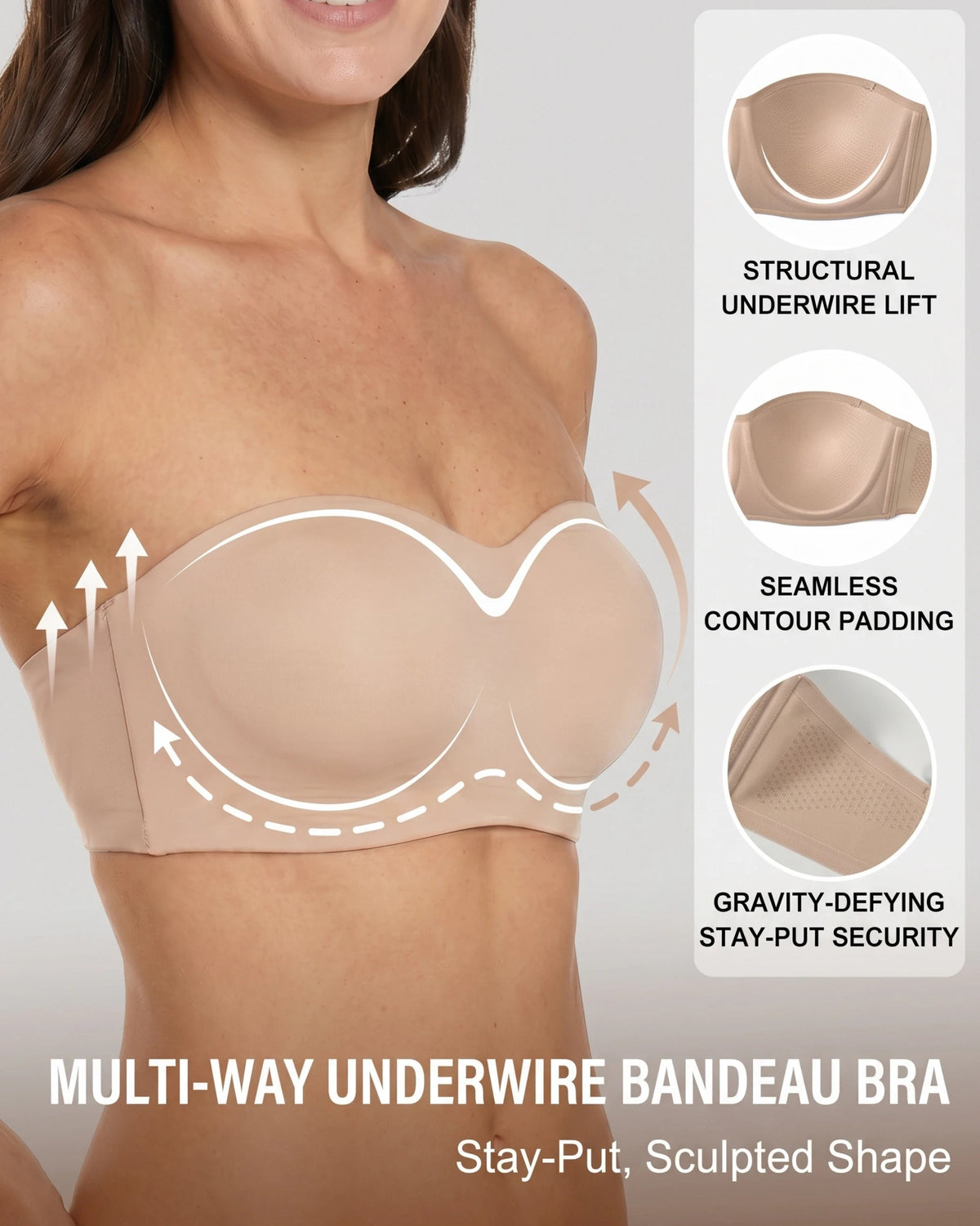 PLERIVA Molded Strapless Underwire Bandeau in Nude, feature overview of the underwire lift and contour padding