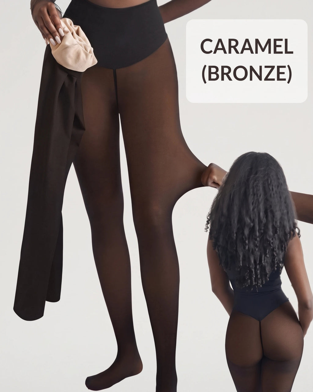 PLERIVA One Seam Sculpting Thermal Tights in Caramel, view of the fleece lining and sheer finish