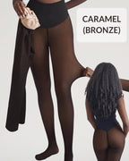 PLERIVA One Seam Sculpting Thermal Tights in Caramel, view of the fleece lining and sheer finish