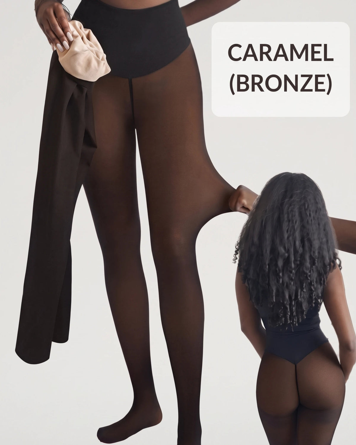PLERIVA One Seam Sculpting Thermal Tights in Caramel, view of the fleece lining and sheer finish