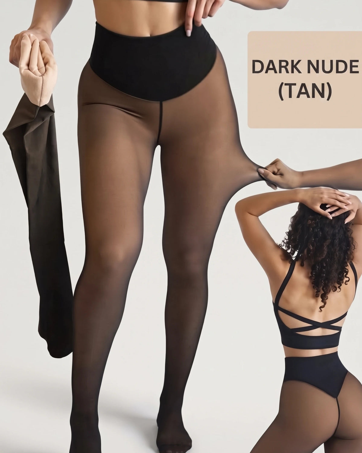 PLERIVA One Seam Sculpting Thermal Tights in Dark Nude, view of the fleece lining and sheer finish