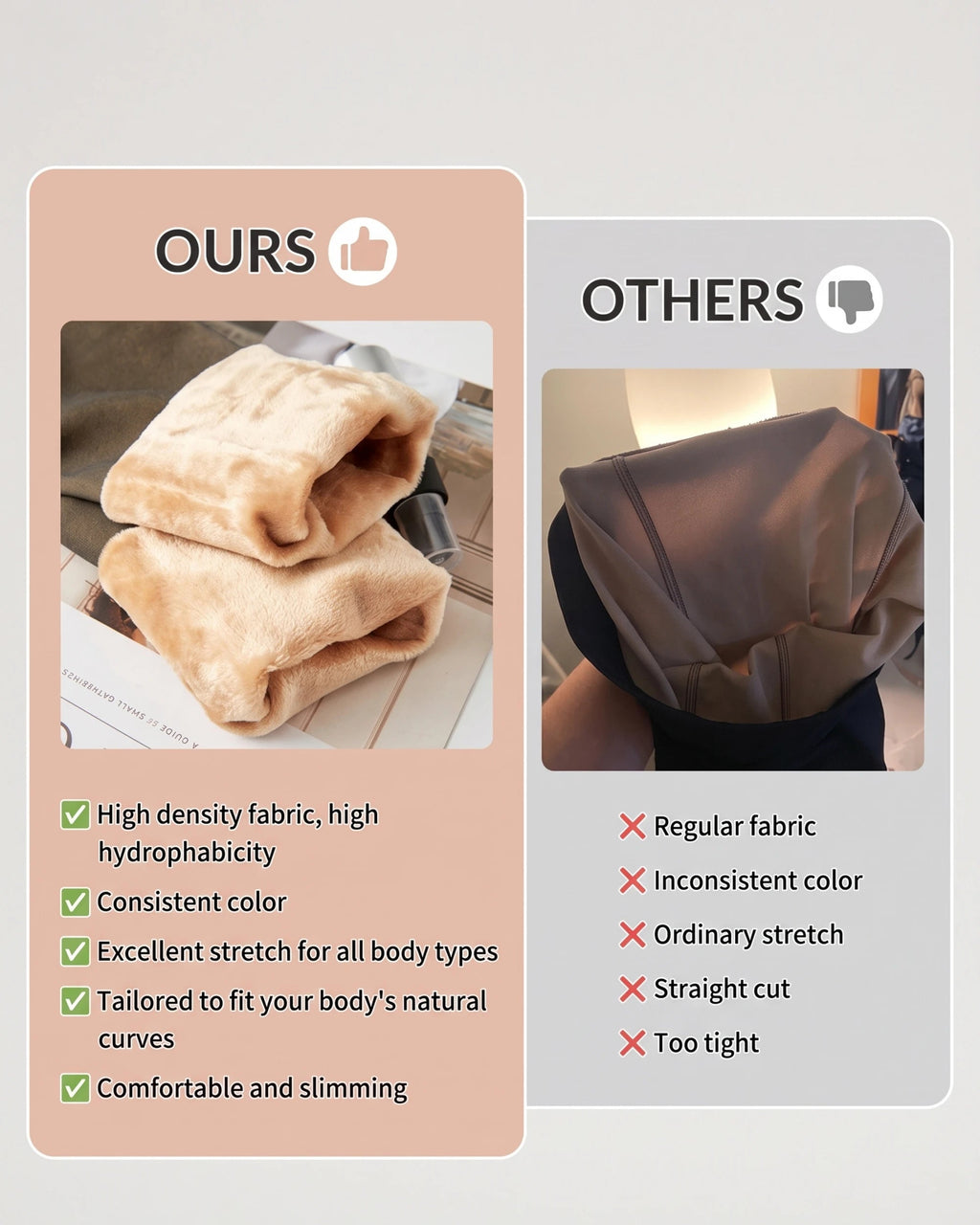 PLERIVA One Seam Sculpting Thermal Tights, comparison graphic of the lined fabric