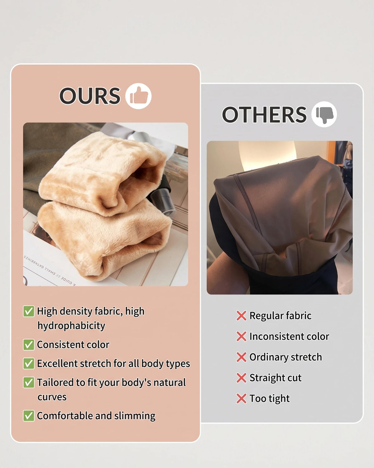 PLERIVA One Seam Sculpting Thermal Tights, comparison graphic of the lined fabric