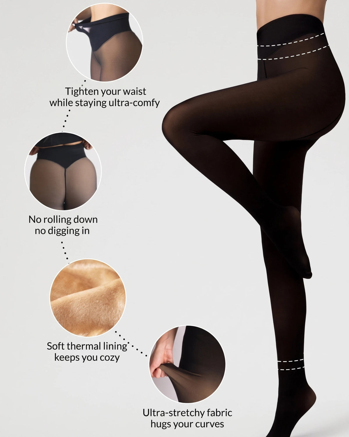 PLERIVA One Seam Sculpting Thermal Tights, feature graphic of the waistband, thermal lining and stretch fabric