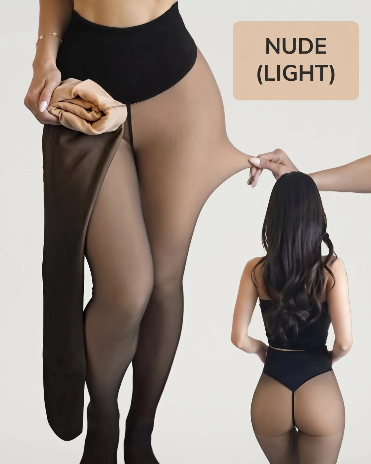PLERIVA One Seam Sculpting Thermal Tights in Nude, view of the fleece lining and sheer finish