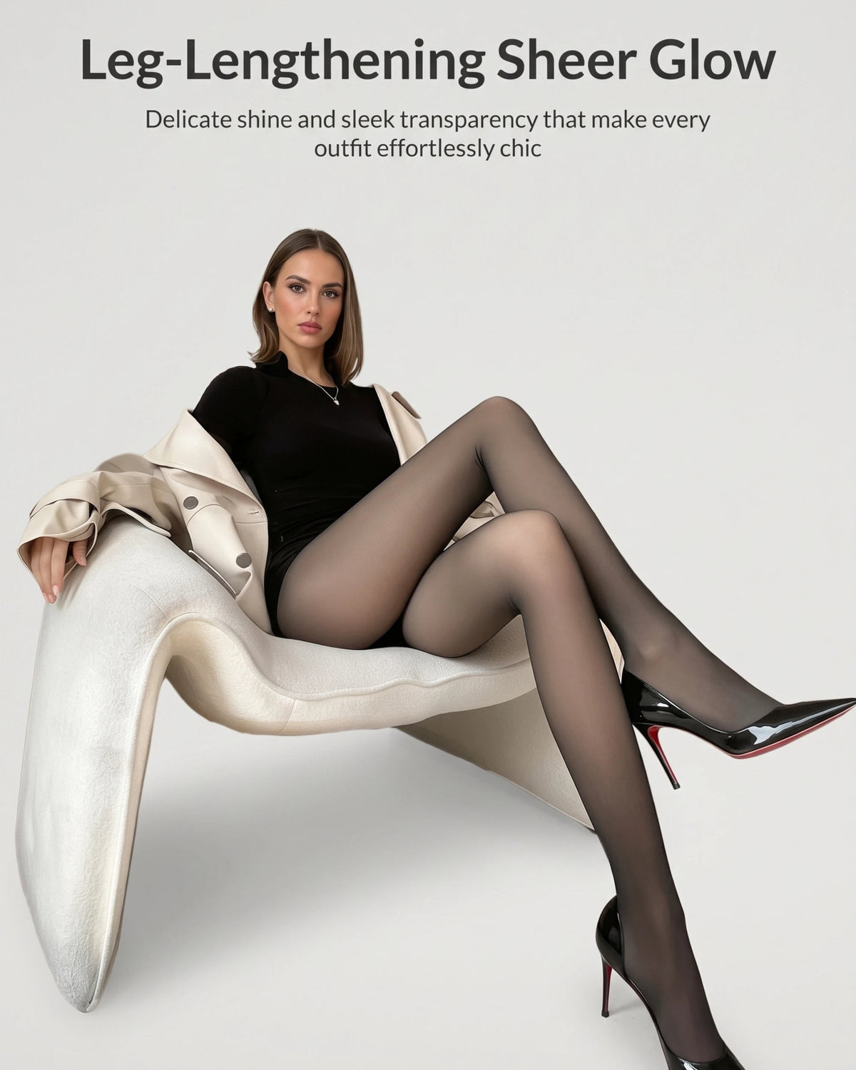 PLERIVA One Seam Sculpting Thermal Tights, seated lifestyle shot showing the sheer finish