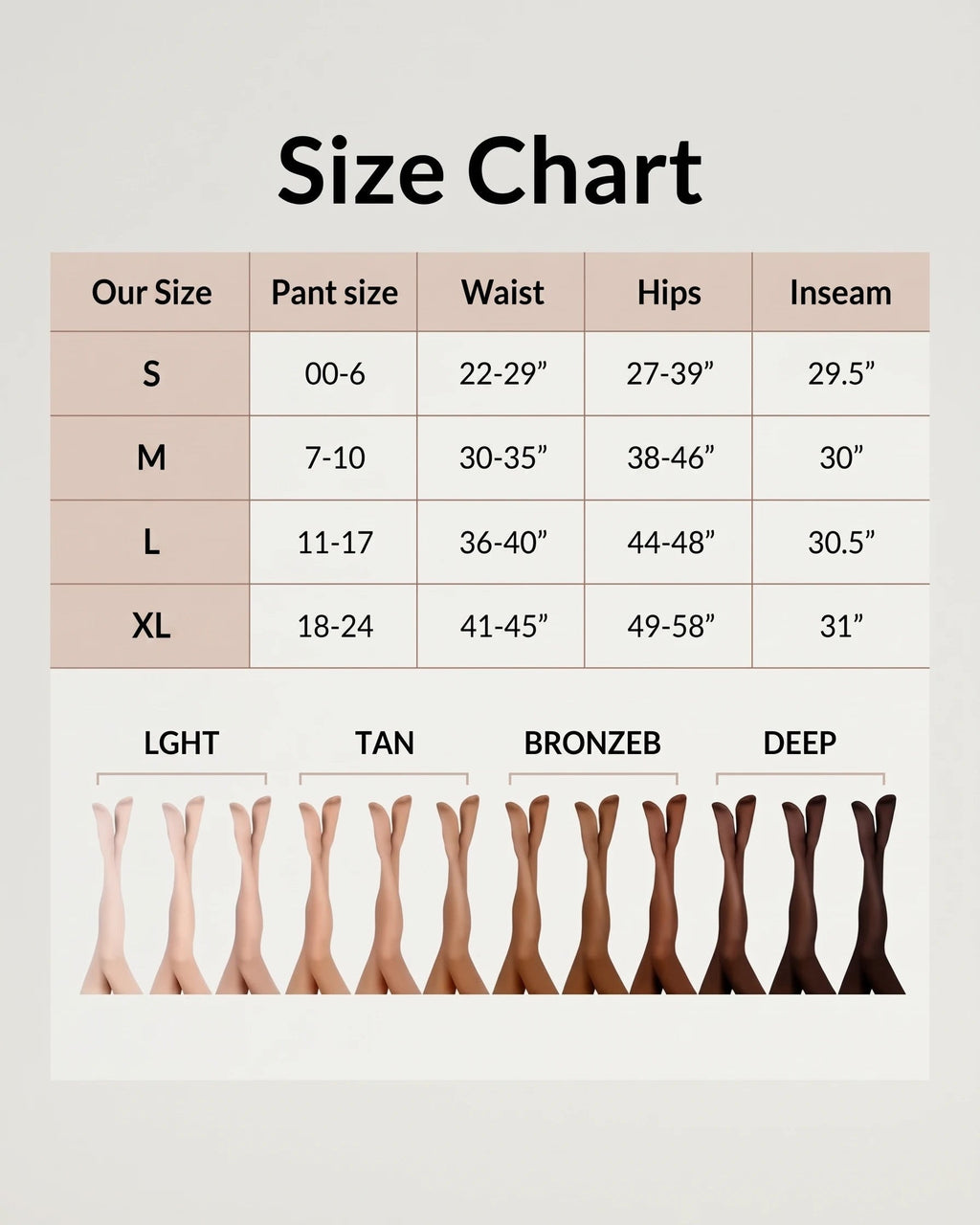 PLERIVA One Seam Sculpting Thermal Tights, size chart and shade guide