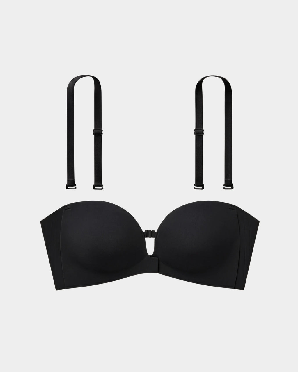 PLERIVA Padded Strapless Bra with Front Closure in Black, flat lay with detachable straps