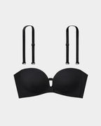 PLERIVA Padded Strapless Bra with Front Closure in Black, flat lay with detachable straps