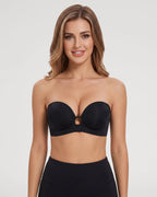 PLERIVA Padded Strapless Bra with Front Closure in Black, front view on model with arms relaxed