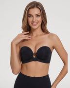 PLERIVA Padded Strapless Bra with Front Closure in Black, front view on model