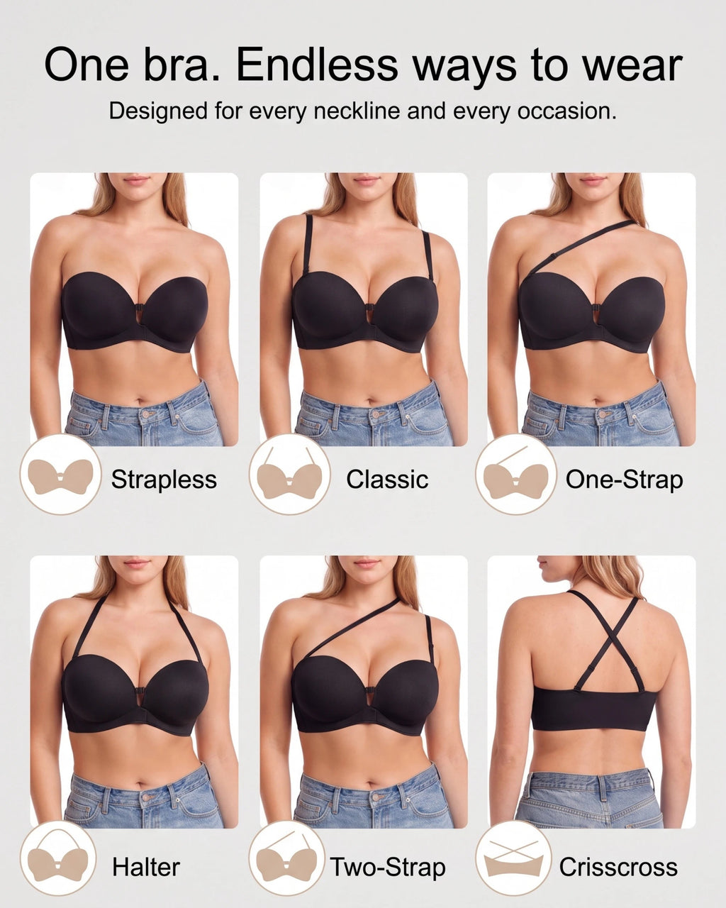 PLERIVA Padded Strapless Bra with Front Closure in Black, six ways to wear the straps
