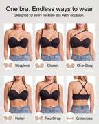 PLERIVA Padded Strapless Bra with Front Closure in Black, six ways to wear the straps