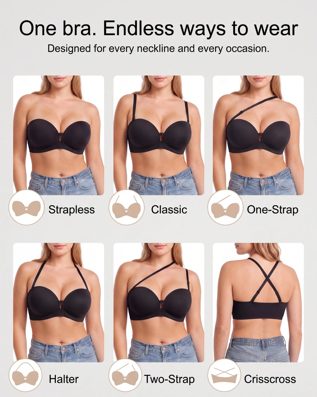 PLERIVA Padded Strapless Bra with Front Closure in Black, six ways to wear the straps