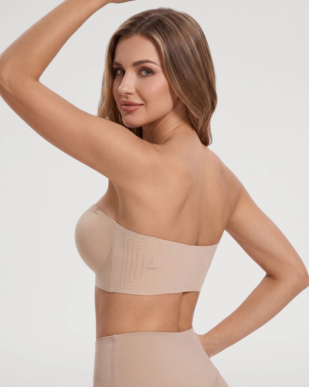 PLERIVA Padded Strapless Bra with Front Closure in Nude, three-quarter back view