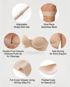 PLERIVA Padded Strapless Bra with Front Closure in Nude, straps, front closure, side boning and padded cups
