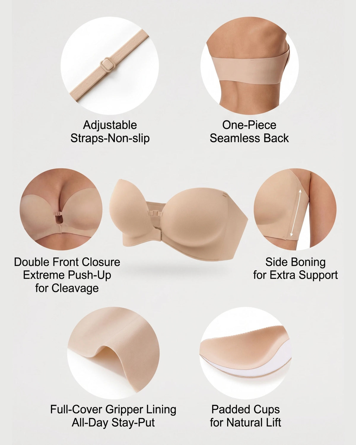 PLERIVA Padded Strapless Bra with Front Closure in Nude, straps, front closure, side boning and padded cups