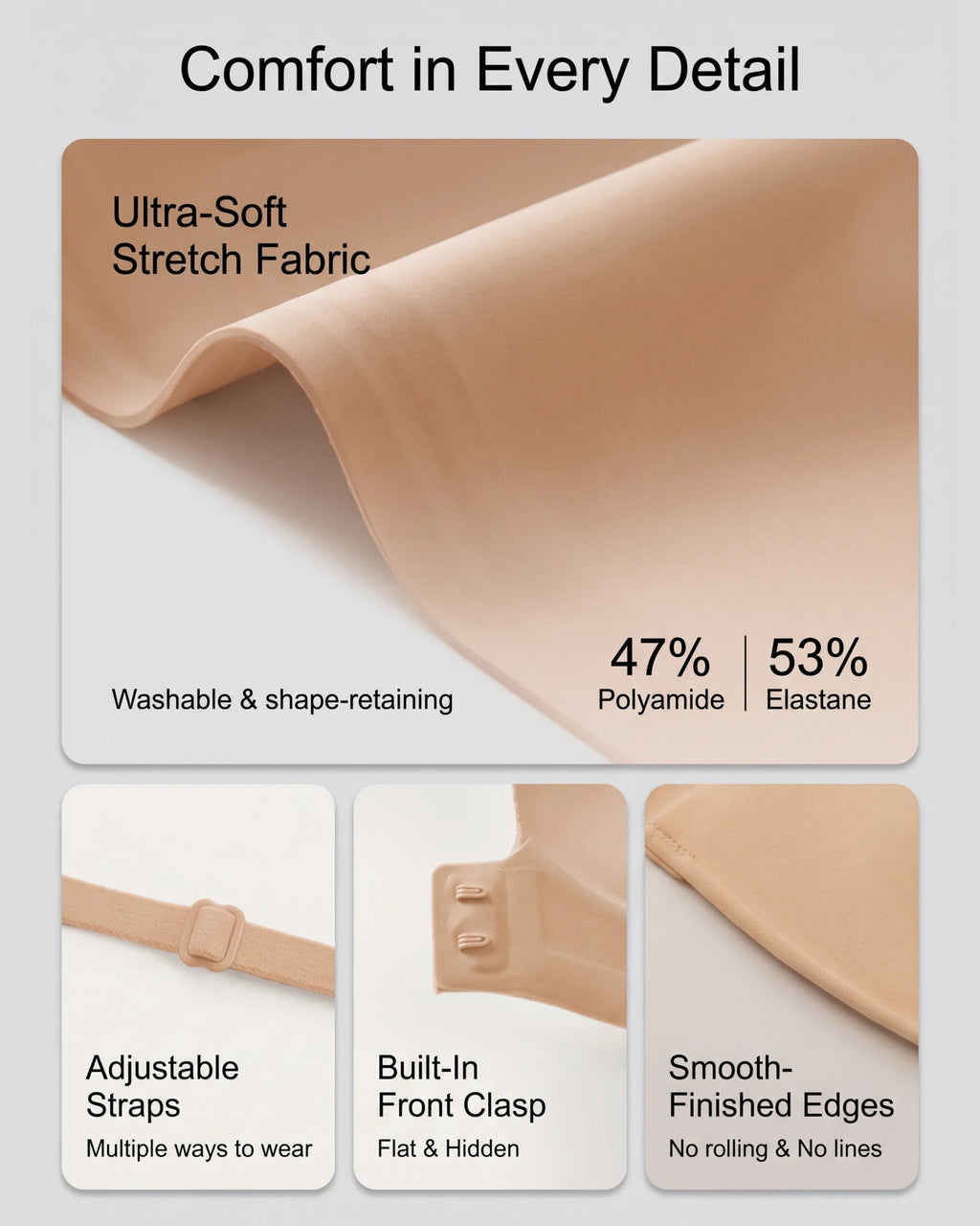 PLERIVA Padded Strapless Bra with Front Closure in Nude, stretch fabric, adjustable straps and front clasp close-ups
