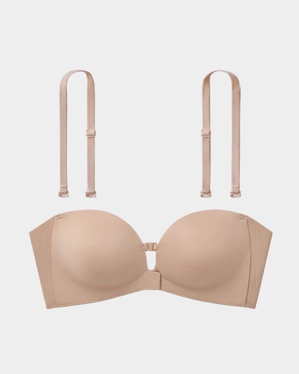 PLERIVA Padded Strapless Bra with Front Closure in Nude, flat lay with detachable straps