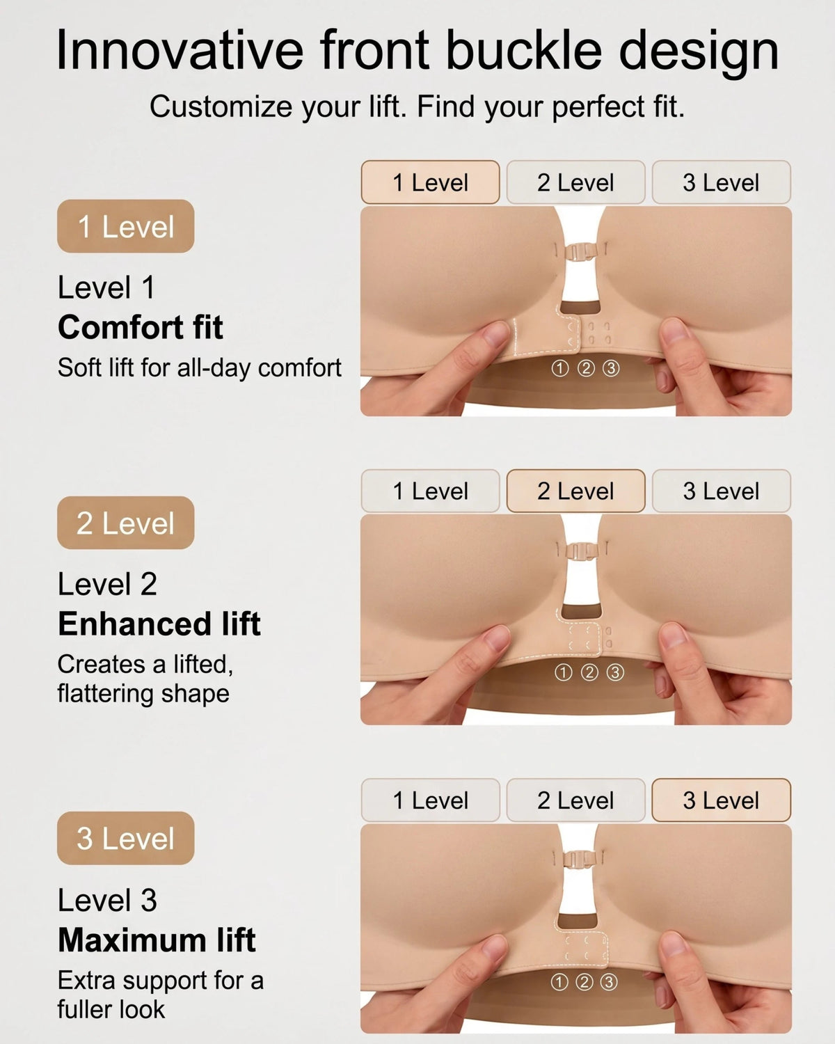 PLERIVA Padded Strapless Bra with Front Closure in Nude, three-level front buckle adjustment