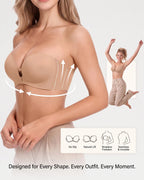 PLERIVA Padded Strapless Bra with Front Closure in Nude, front view with lift and fit features